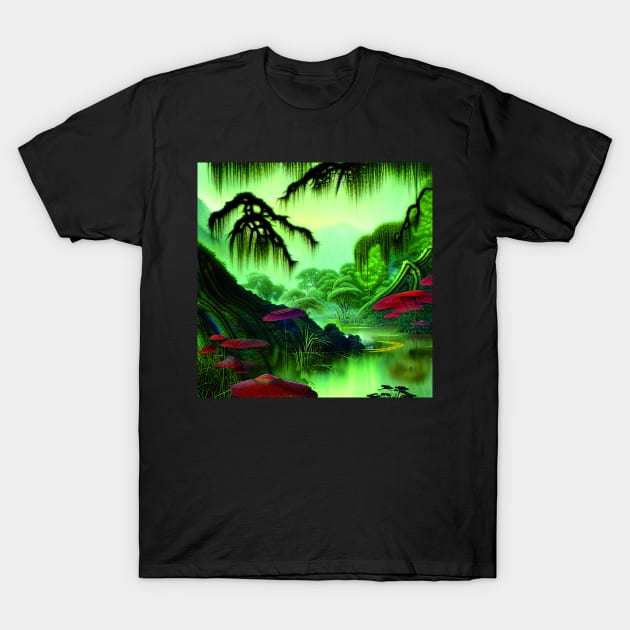 Digital Painting Scene Of a Lake Between Many Colorful Plants, Amazing Nature T-Shirt by Promen Art